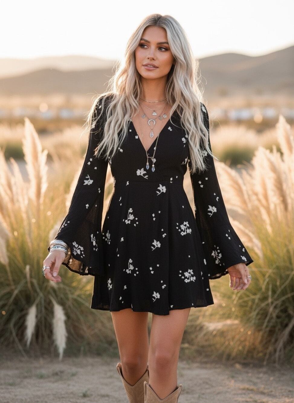 Free People Embroidered Bell‑Sleeve Dress